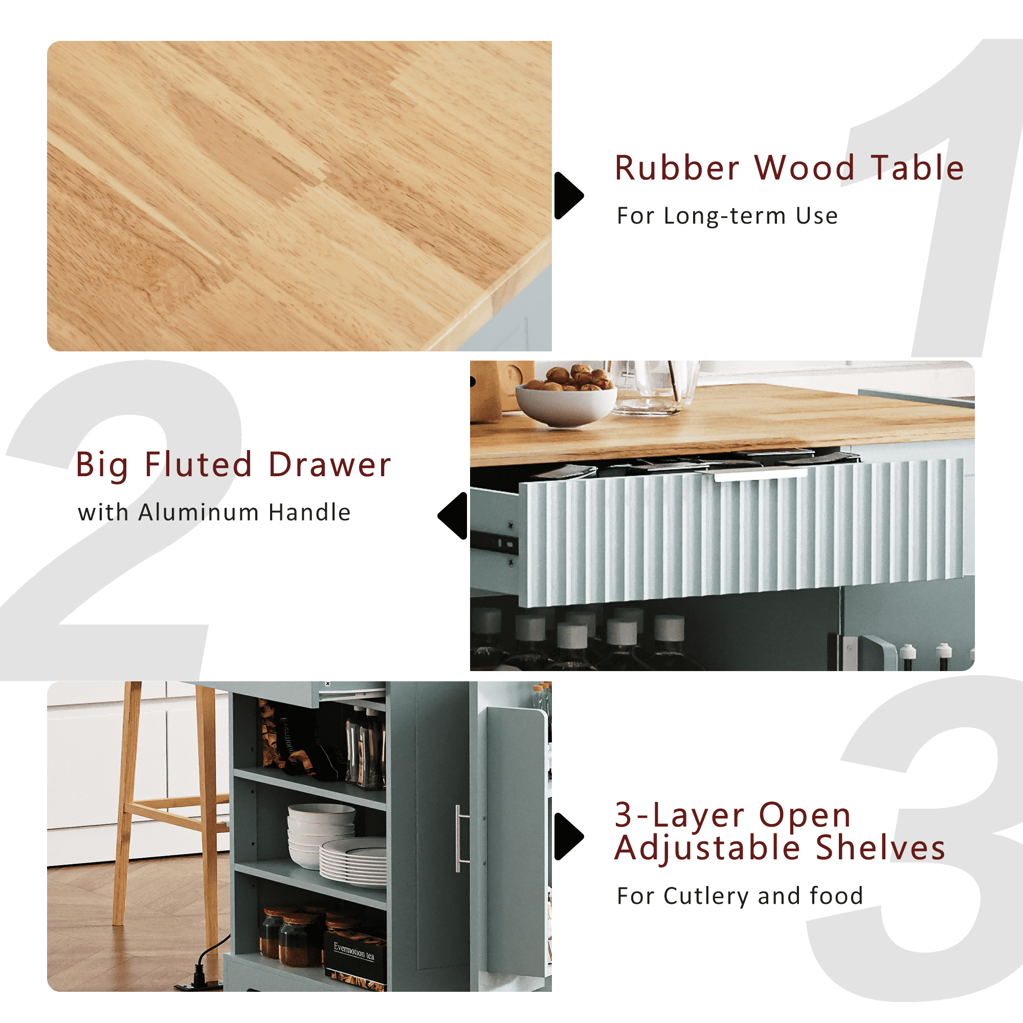 DTTRA 47" Kitchen Island with Hidden Trash Can Storage Cabinet, Rubber Wood Top Rolling Kitchen Cart on 5 Wheels with Power Outlet, 3 Drawers & Open Side Racks, Ideal for Home and Dining Room, Blue