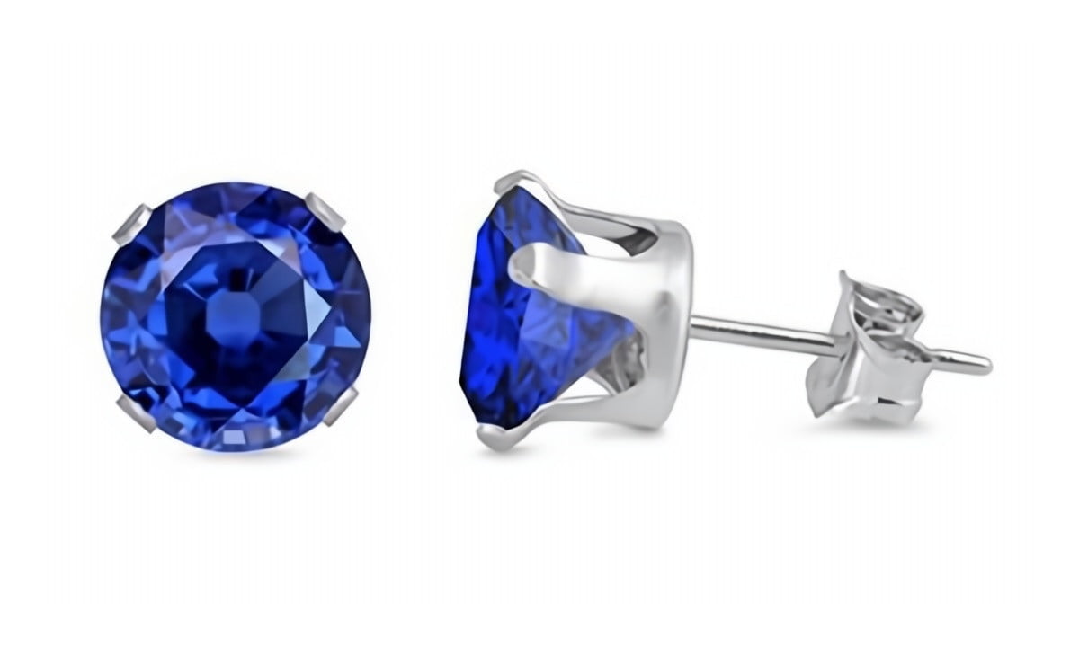 Royal Blue Round Glitzs Jewels 925 Sterling Silver Cubic Zirconia CZ Stud Earrings for Women 6mm