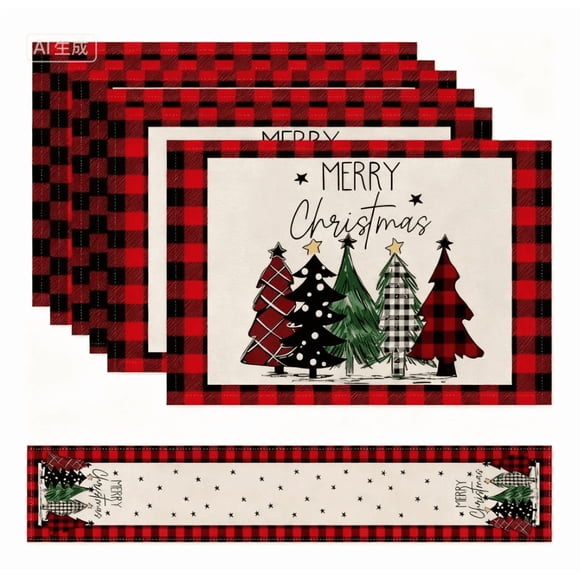 Navideñas Camino De Mesa + 4 Manteles Individuales Adorno Xtellar rojo