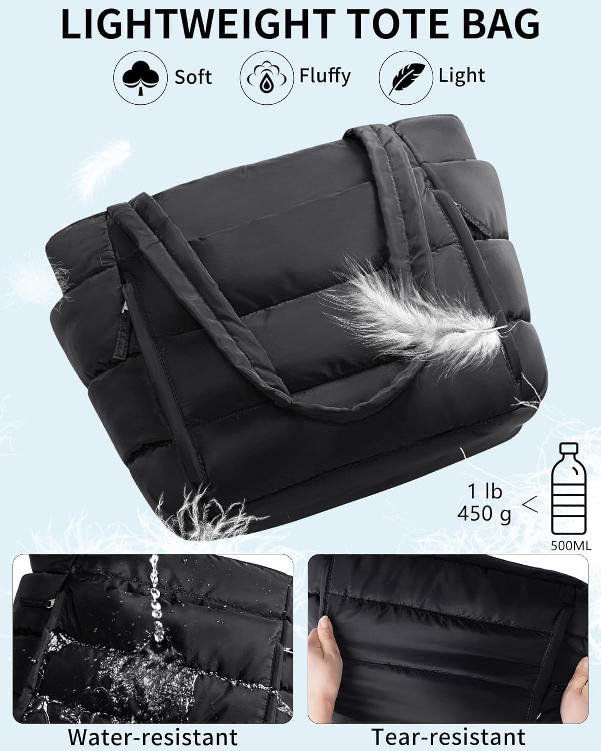 ZUTOYBOLIN Puffer Tote Bag for Women, Lightweight Puffy Work Handbag Teacher Nurse Quilted Shoulder , Daily College Bags, 15.6" Computer Bag, Clinical Nursing Bag, Ideal Gift for Women. Black