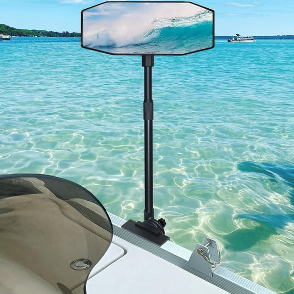 Pontoon Boat Mirror Rear View Pontoon Mirror 4.7"x 12.2" Extra Large 360° | Universal Marine Boat Rear View Mirror Clamp on Rail/Pole with 0.65"–1.25"Dia,Wide Angle Adjustable for Pontoon Water