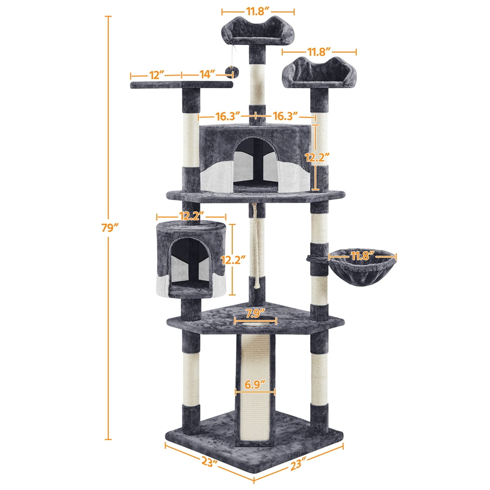 Yaheetech 79'' Multilevel Cat Tree with Basket Scratching Posts Ramp, Dark Gray & White