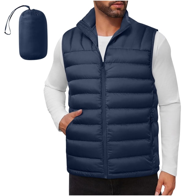 Men's Lightweight Jacket Solid Color Sleeveless Multifunctional with Storage Bag Warm and Windproof Casual Travel Jacket