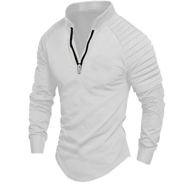 pstuiky camisetas de manga larga para hombre, Camisa deportiva de manga larga con cremallera de color liso para hombre Tops casuales para hombres m