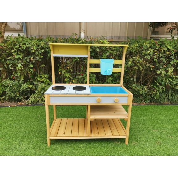 TROPOW Wooden Play Kitchen - Removable Sink & Faucet, Water Box, Stove Top, Storage Shelves, Indoor Outdoor Pretend Mud Kitchen for Toddler Age 3 , Toy Kitchen Set,Christmas Gifts for Kids