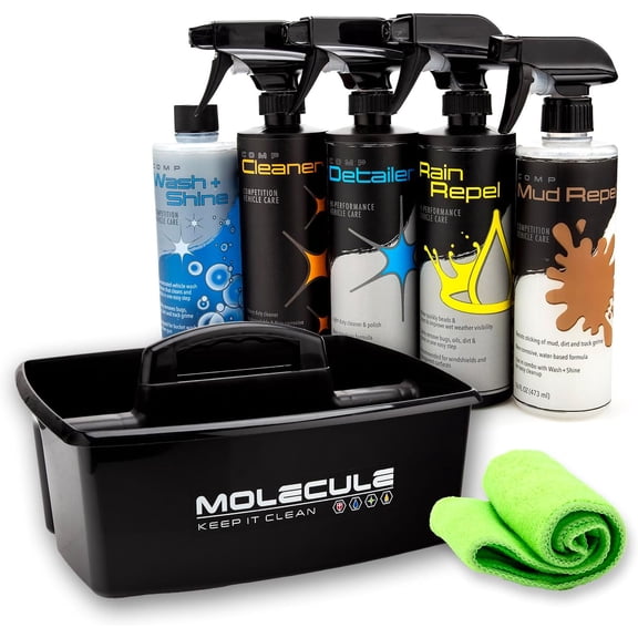 Molecule Vehicle Care Kit | Premium Vehicle Care | Competition Wash Shine, Competition Cleaner & Detailer, Mud Repel, Rain Repel, Bottle Caddie & Microfiber Towel | 16 Ounce Kit