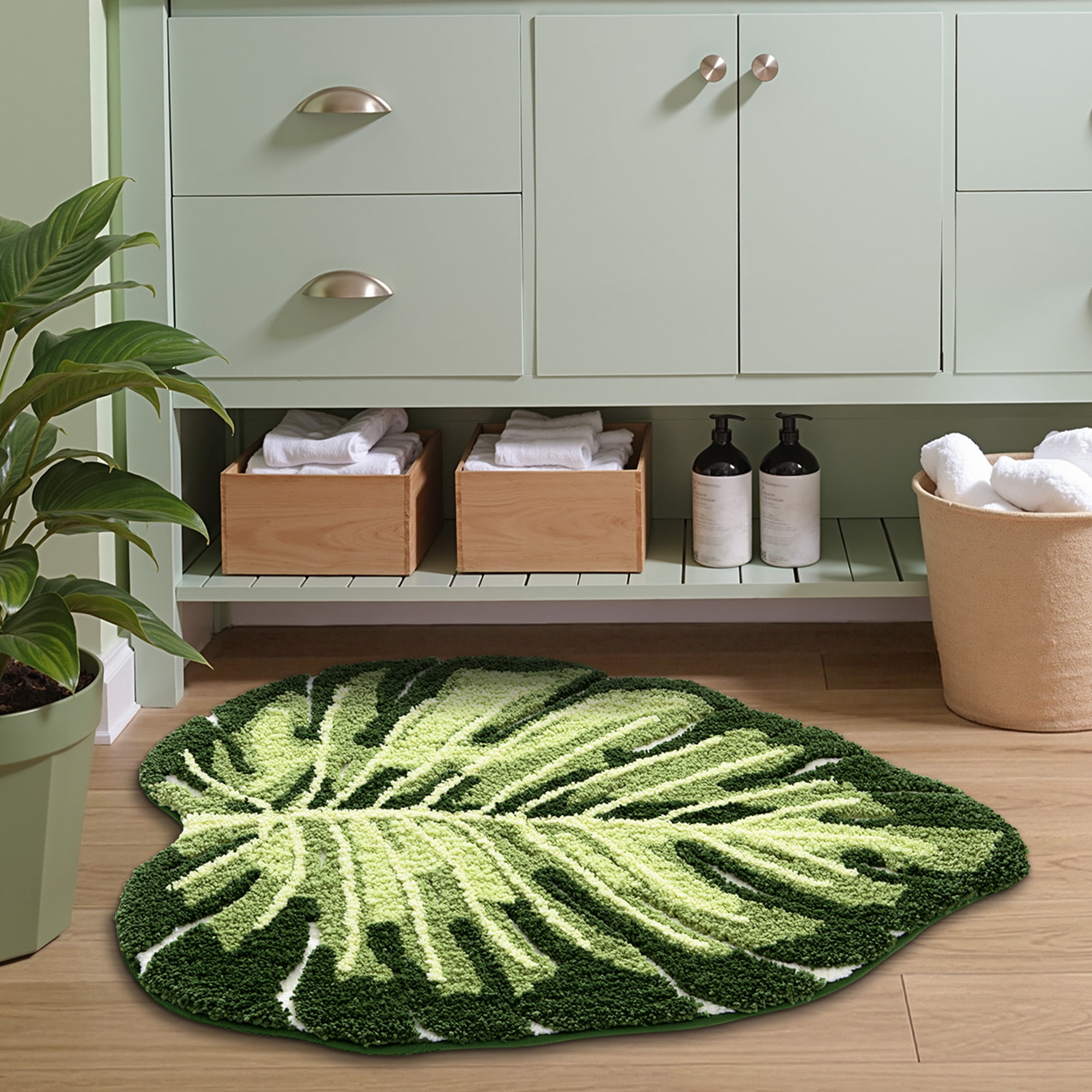 FRABE Bathroom Rugs Monstera Leaf Pattern Cute Soft, Plush, Absorbent Non Slip Shower Mat for Bathroom, Bedroom, Kids Room, 23.5x31.5
