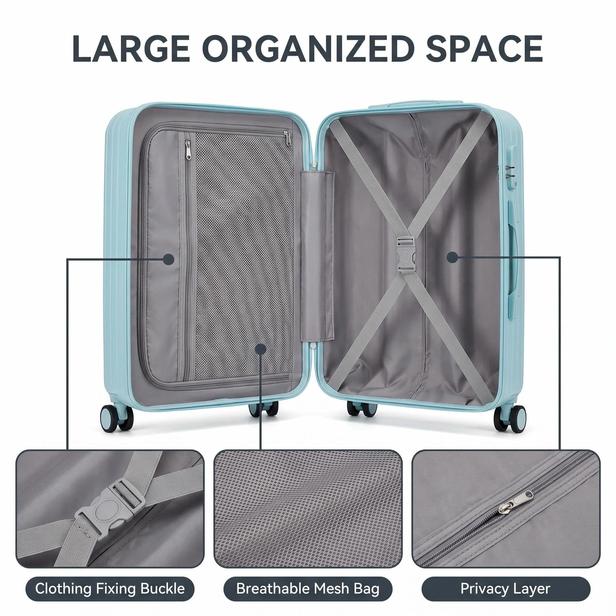 HEMXSZH 20 Inch ABS+PC Hardside Luggage Set with Handbag, USB Port & Cup Holder Suitcase, Blue