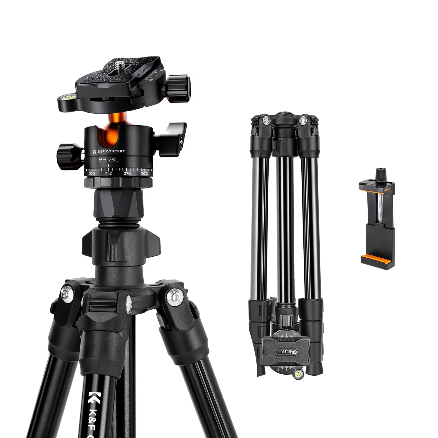 K&F Concept 63.8"/1.63m Aluminum Camera Tripod for DLSR Camera,22lbs/10kg Load Travel Tripod with Bag, 360 Degree Ball Head, Mobile Phone Clip