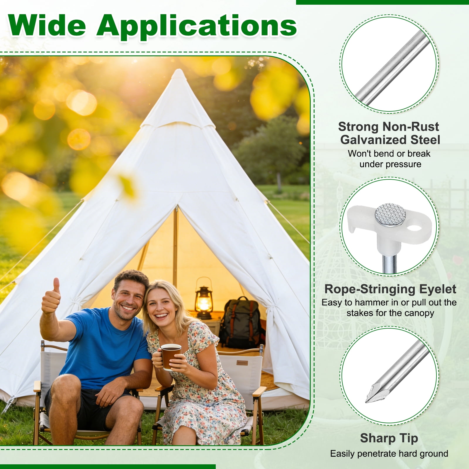 20 Pack Heavy Duty Tent Stakes, 10 Inch Non-Rust Metal Tent Pegs Camping Pegs Ground Stakes Tent Spike Canopy Anchors for Garden, Hiking Tarp Canopy Shelter Grassland, Luminous