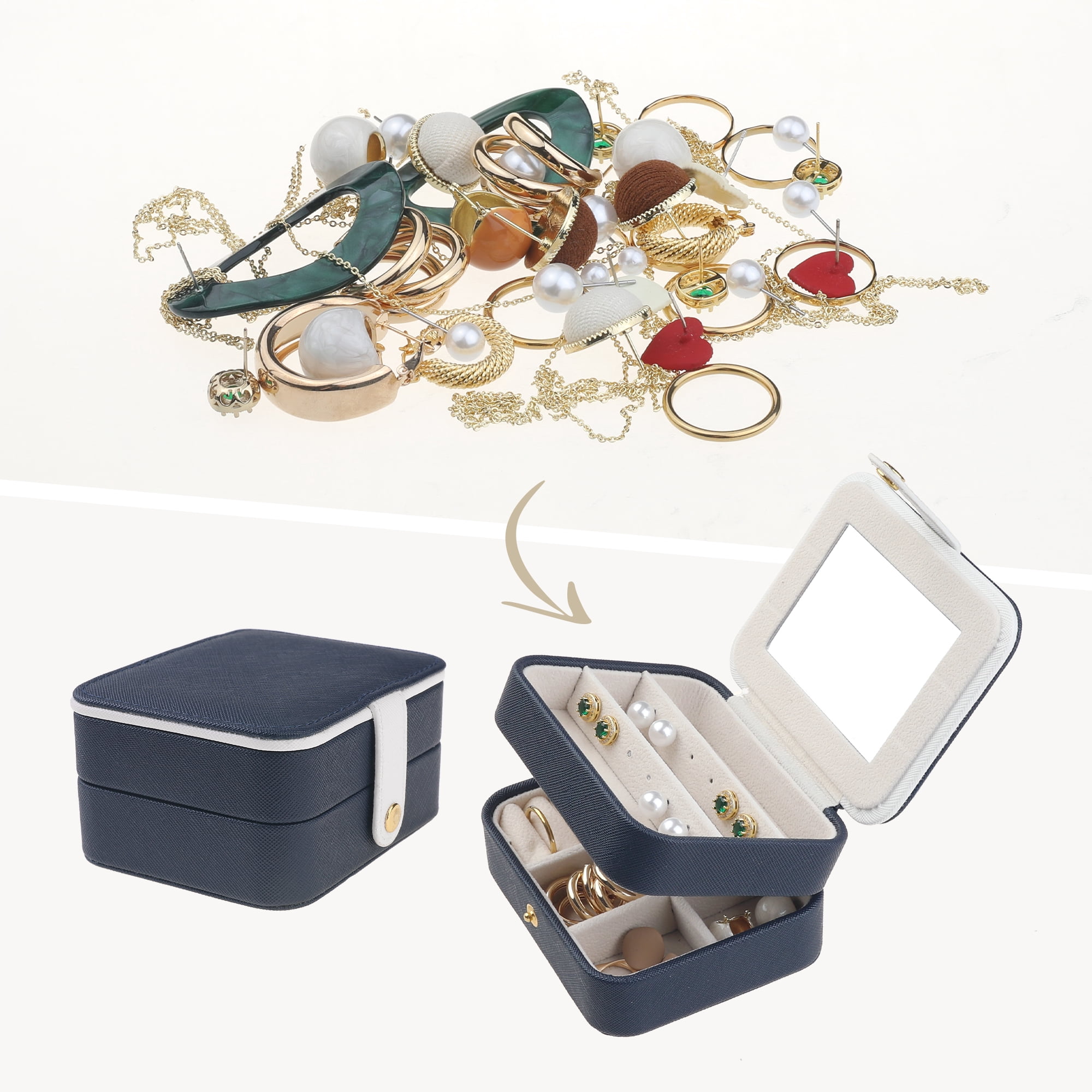 Unique Bargains 2 Layer Jewelry Box with Mirror PU Leather Jewelry Organizer Case Blue