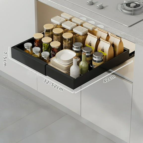 Garvee Pull Out Cabinet Organizer Expandable Slide Out Drawers Fixed with Adhesive Cabinet Shelves for Kitchen Bathroom 32-52cm Black
