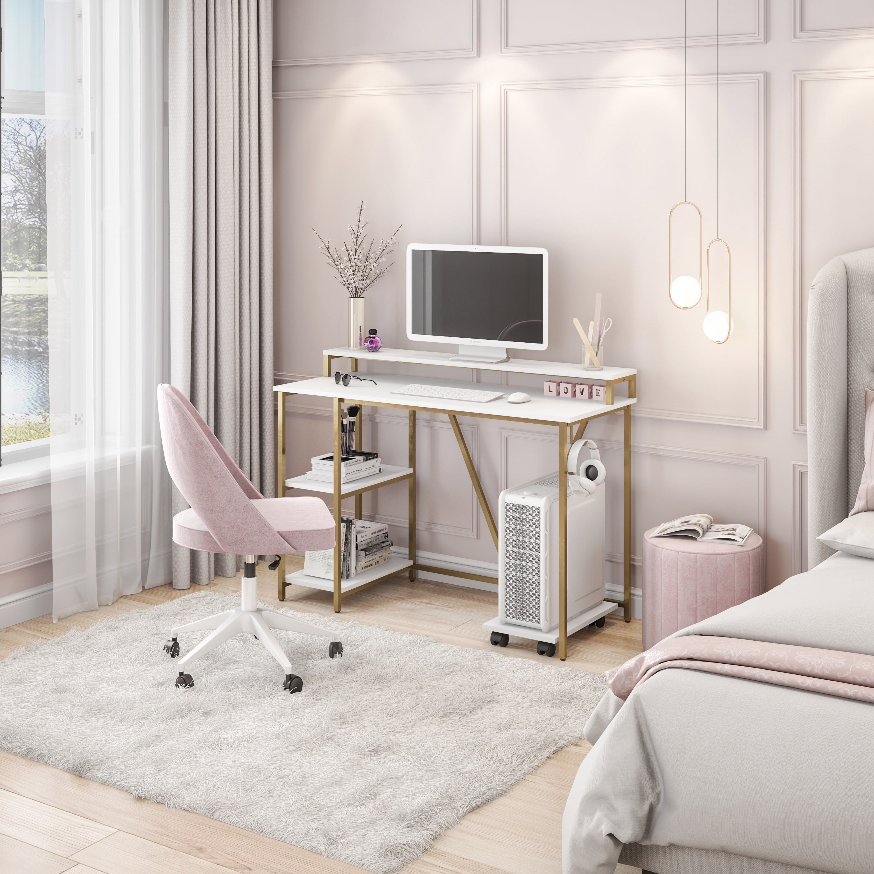 Industrial Writing Desk, White Wood Grain Engineered Wood Workstation with 2-Tier Monitor Shelf, Side Open Storage, Headphone Hook & Mobile CPU Caddy for Home Office