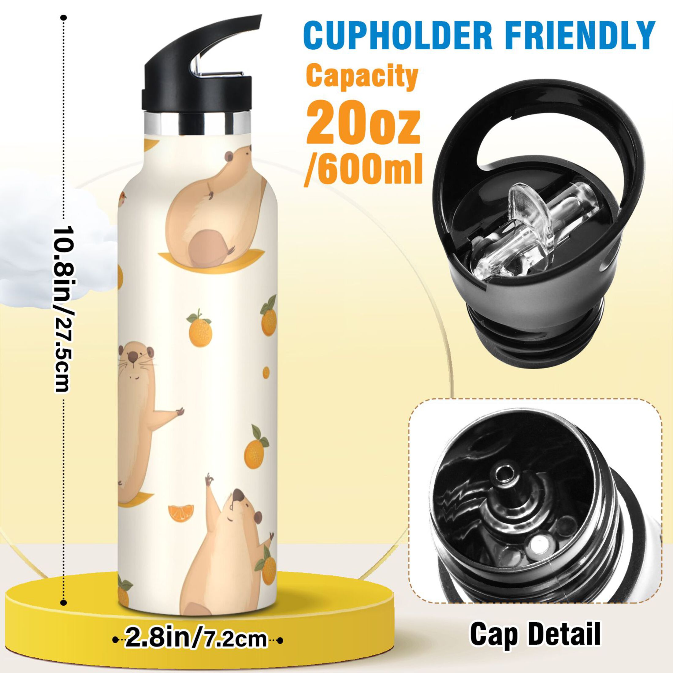 Kids Insulated Stainless Steel Sports Water Bottle 600ml (20oz) Cute Capybara Yoga Poses