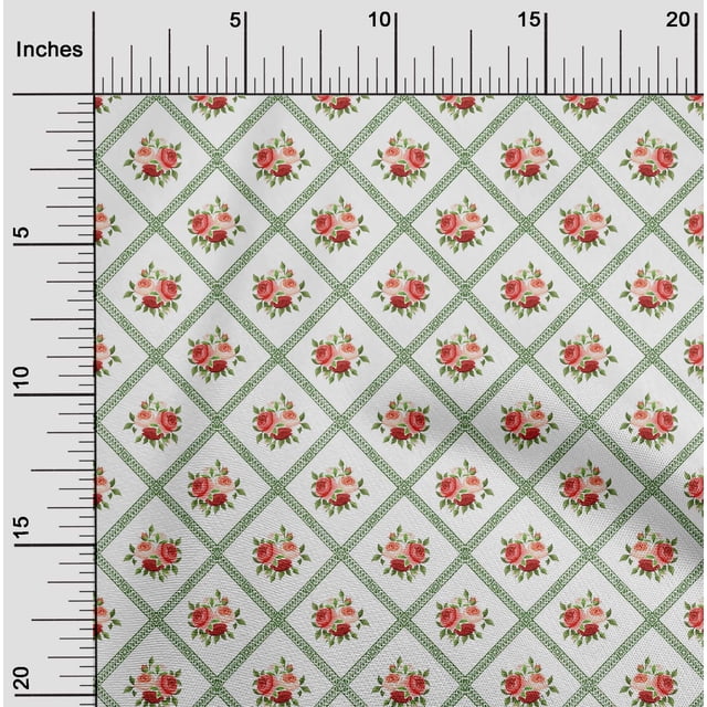 oneOone Popeline en Coton Biologique Sergé Tissu Imprimé Floral Losanges/feuilles et Roses au Mètre 42 Pouces de Large