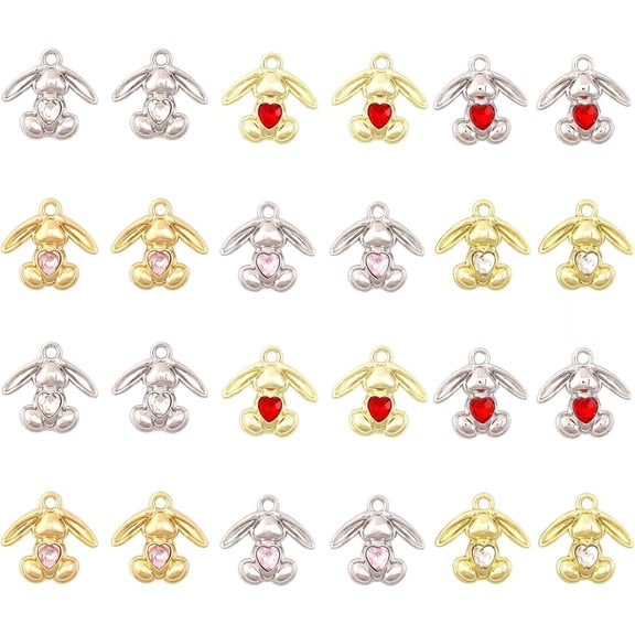 24Pcs 6Styles Rhinestone Rabbit Pendants Bunny with Heart Charms Rack Plating Alloy Pendants for Easter Necklace Bracelet Earring Ramadan Making Keychain Crafts Colorful