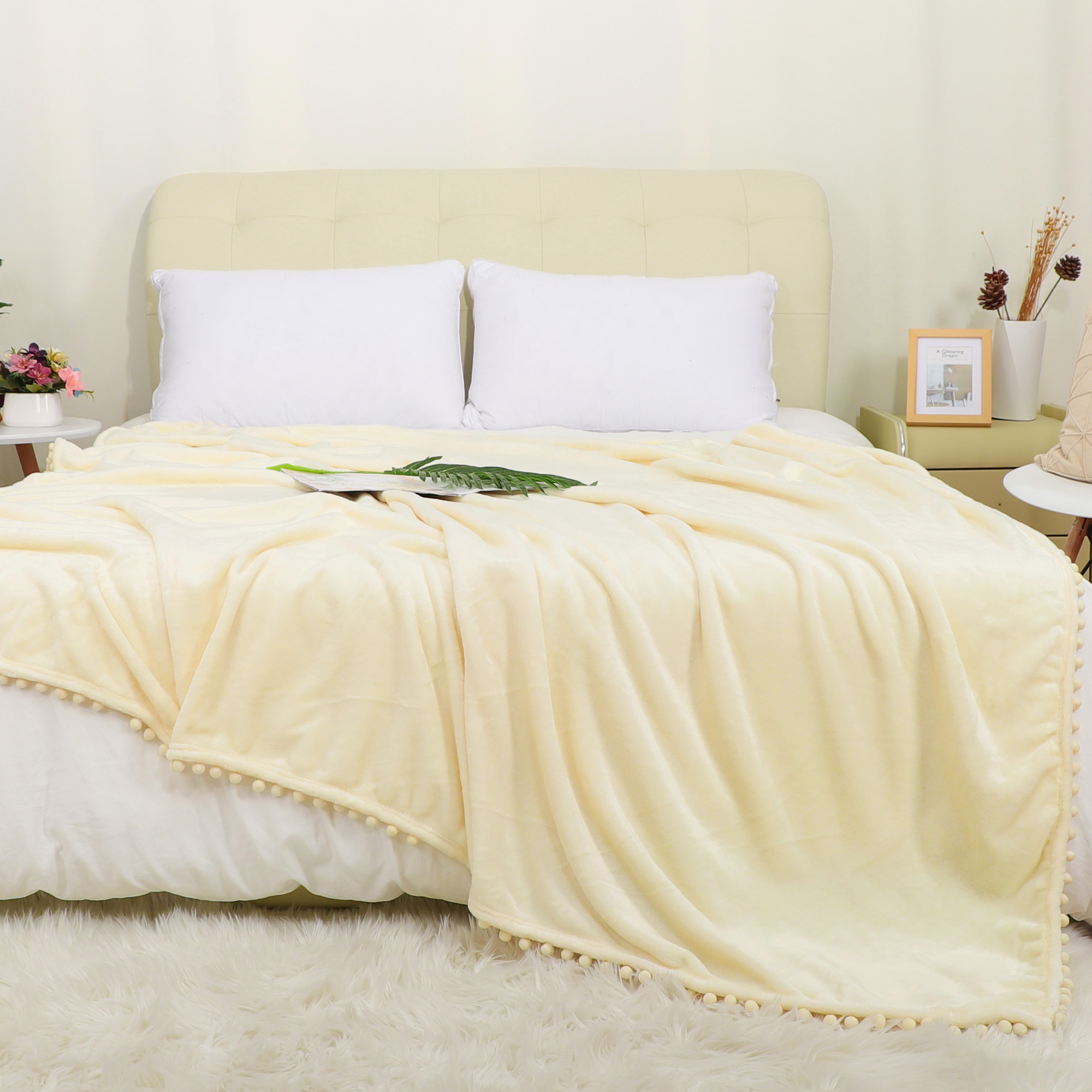 Flannel Fleece Blanket With Pompom Fringe,Solid Cream White Decorative