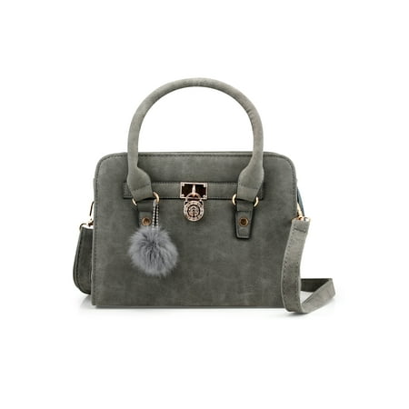 Embossed Fashion Tote - Lady Women Lock Faux Leather Tote Hobo Shoulder Bag Cute Purse fur ball Satchel Fashion Luxury Handbag