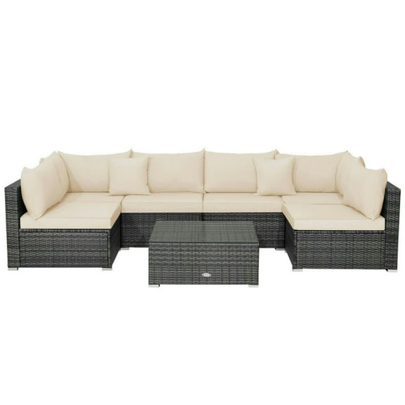 YYAo 7 Pieces Patio Rattan Furniture Set with Sectional Sofa Cushioned-Beige