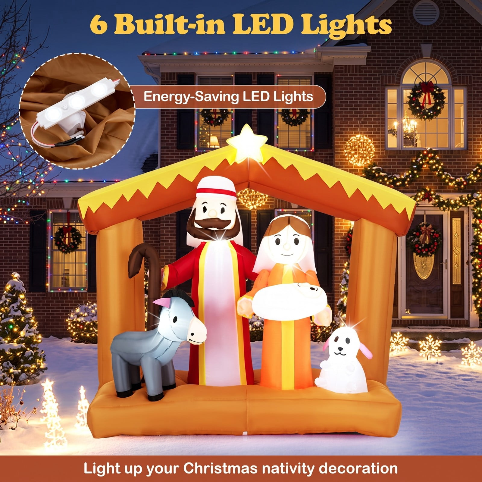 RUIE 6 FT Christmas Inflatable Nativity Scene Outdoor Yard Decoration with Built-in LED Lights, Weatherproof Blow-Up Holiday Lawn Display, Multi-Color