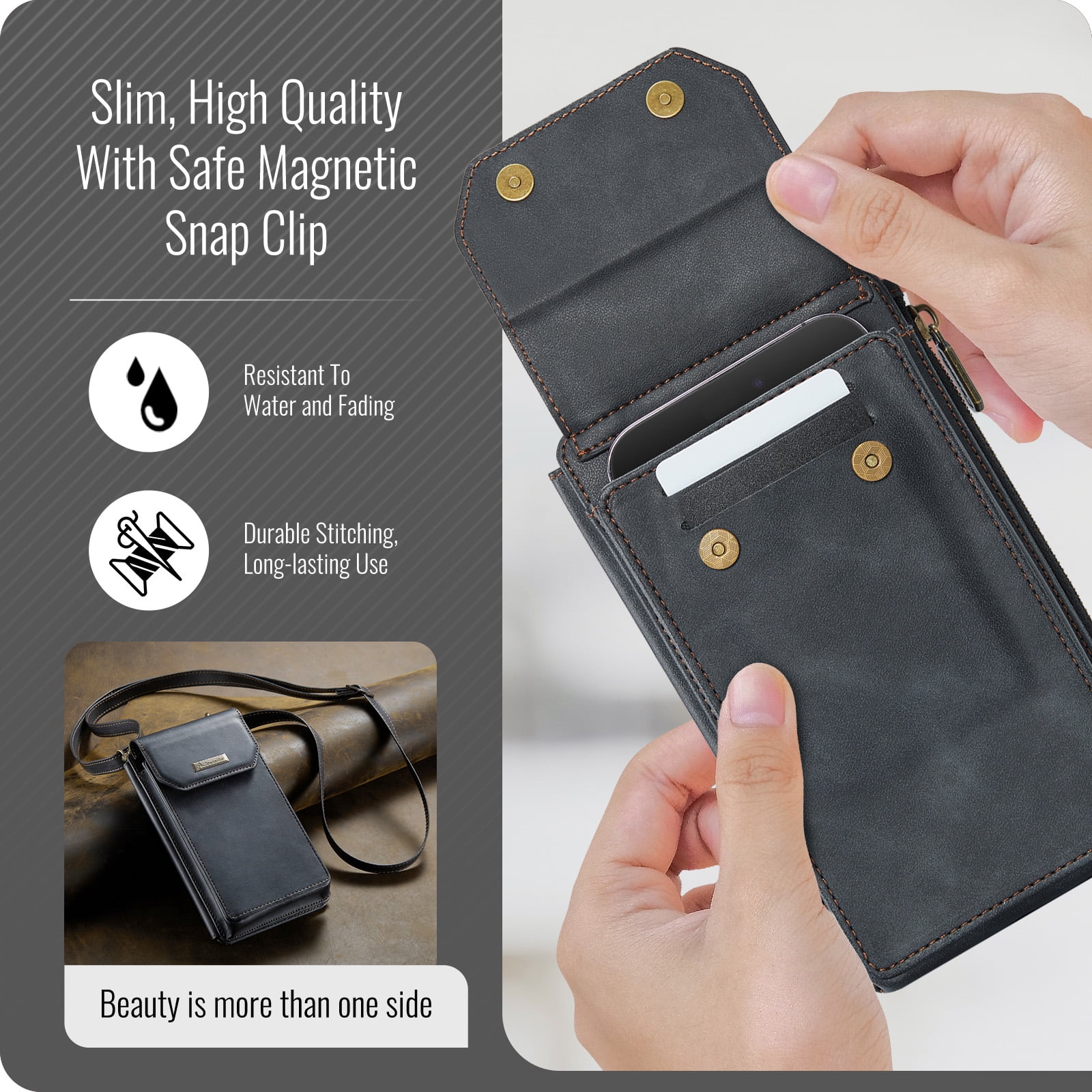 Crossbody Cell Phone Purse Bag for Women Men, Small Leather Wallet with 10 Card Slots,Zipper Pocket & Adjustable Strap Shoulder Bag Clutch with Magnetic Closure Fits Most Smartphones Under 7.3",Black