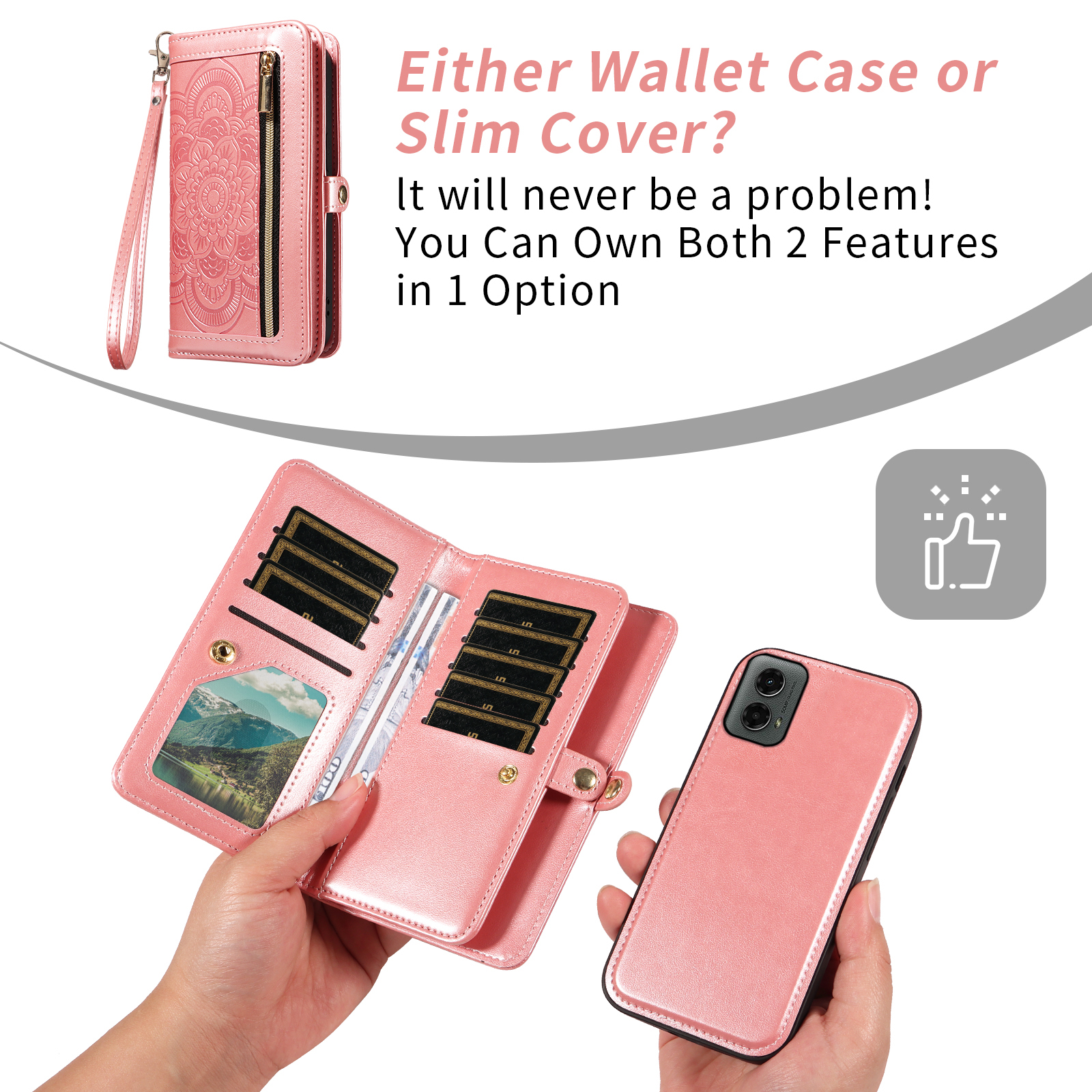 Asuwish Detachable Magnetic Zipper Wallet Phone Case with Flower Pattern and Screen Protector for Motorola Moto G 5G 2024, Rose Gold