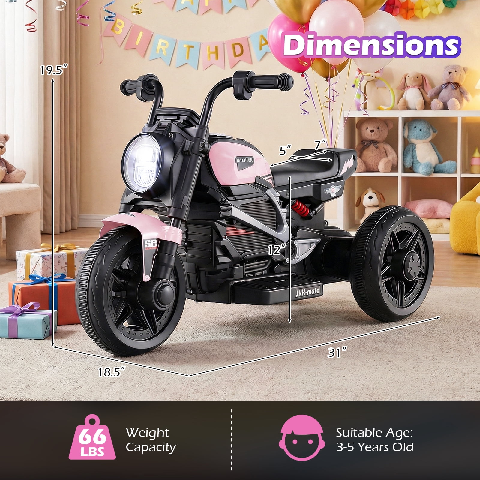 Gymax 6V Kids Motorcycle w/Song Story LED Headlights Accelerator Pedal & 3 Wheels Pink