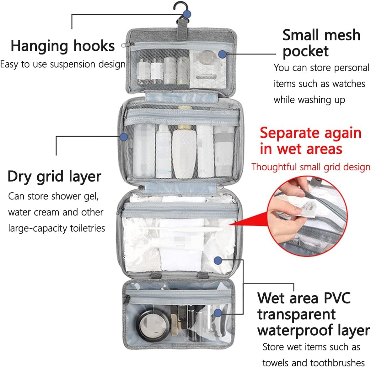 SSOTTNXY Waterproof Hanging Toiletry Bag with 4 Foldable Compartments, Large Travel Organizer