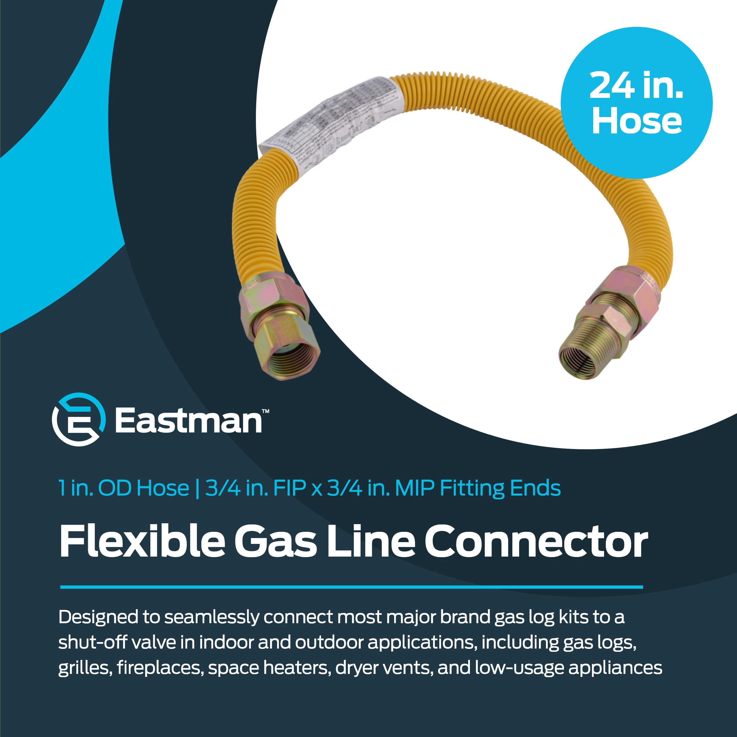 Eastman 24 Inch x 1 Inch OD Gas Line Connector with 3/4 Inch MIP x 3/4 Inch FIP Fitting Ends for Natural Gas and Liquid Propane, Stainless Steel, Yellow, 40YE545524B