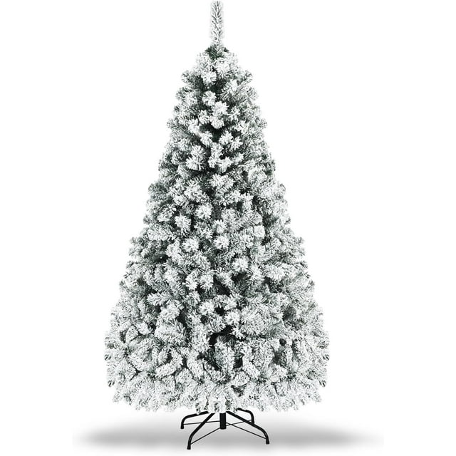 COSTWAY 7.5 FT Pre-Lit Christmas Tree, Snow Flocked Hinged Xmas Tree with 1010 Branches Tips & 450 LED Lights, Metal Stand, Artificial Pine Lighted Holiday Tree for Home Office Decorations