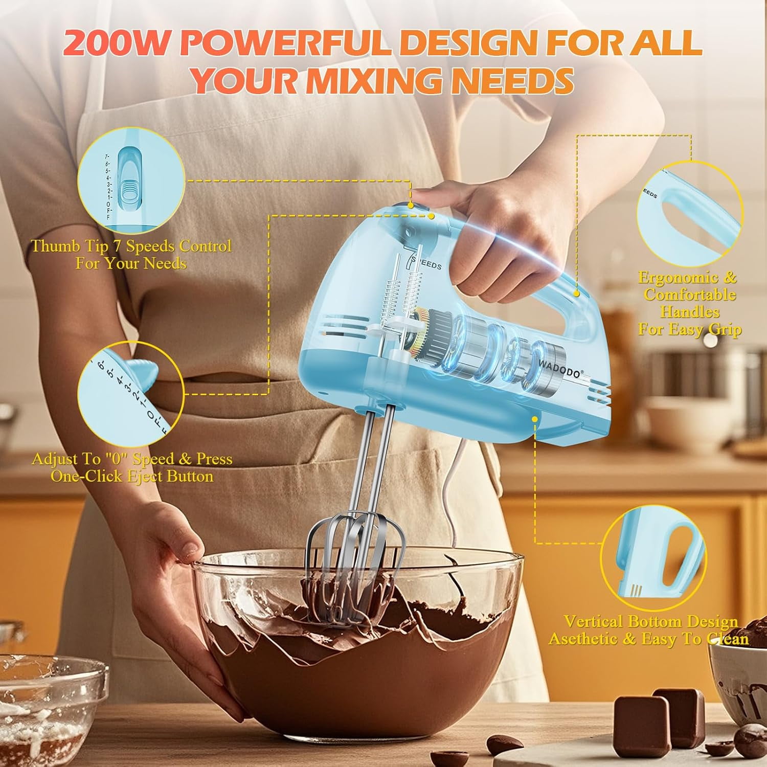 7-Speed Electric Hand Mixer – Portable Food Kitchen with 304 *(1x Whisk, 2x Beater, Dough hook) for Baking Cakes, Cream, Blue