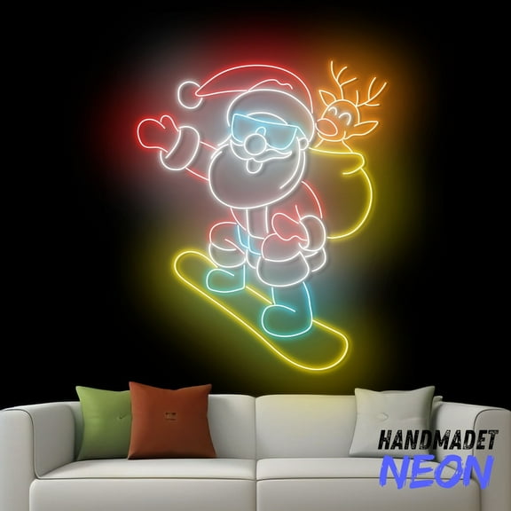 Handmadetneonsign Santa Snowboarding Neon Sign, Snowboard Santa Led Sign, Merry Christmas Decor, Santa Wall Art 82725