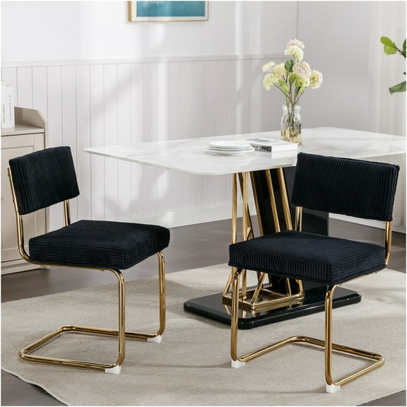 JERFIT Modern Dining Chairs Set of 2, Black Corduroy Upholstered Side Chairs with Gold Metal Legs and Channel Tufted Back for Kitchen Dining Room