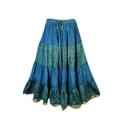 Mogul Womens Blue Sari Maxi Skirt Tiered Printed Ethnic Long Skirts