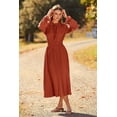 thumbnail image 3 of Women's 2023 Fall Midi Dress Casual Long Sleeve V Neck Swiss Dot Pleated A Line Flowy Dresses, 3 of 9
