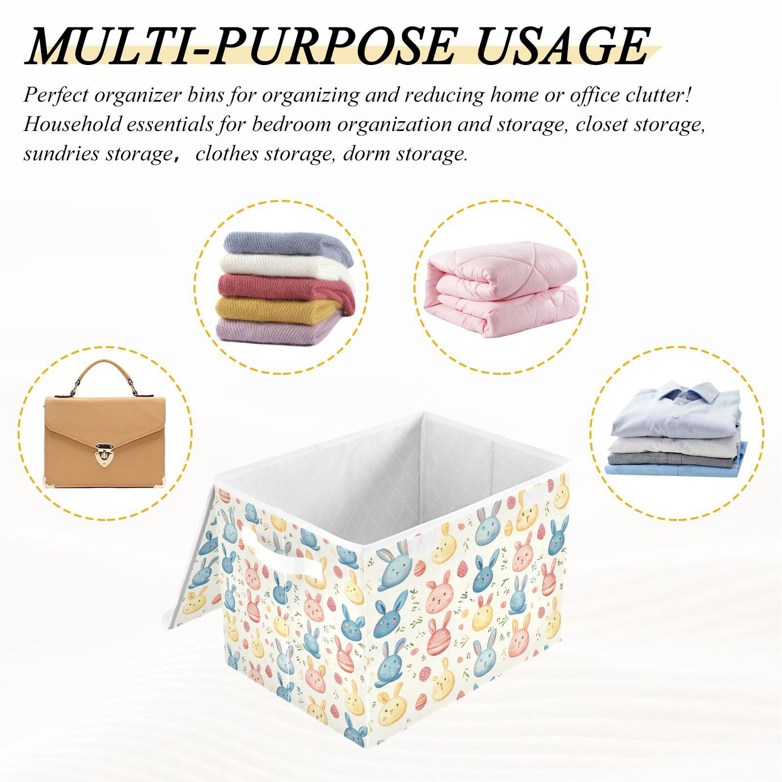 Easter Rabbits and Leaves Storage Basket for Shelves Foldable Container Organizer for Organizing Toys Clothes Books with Handles