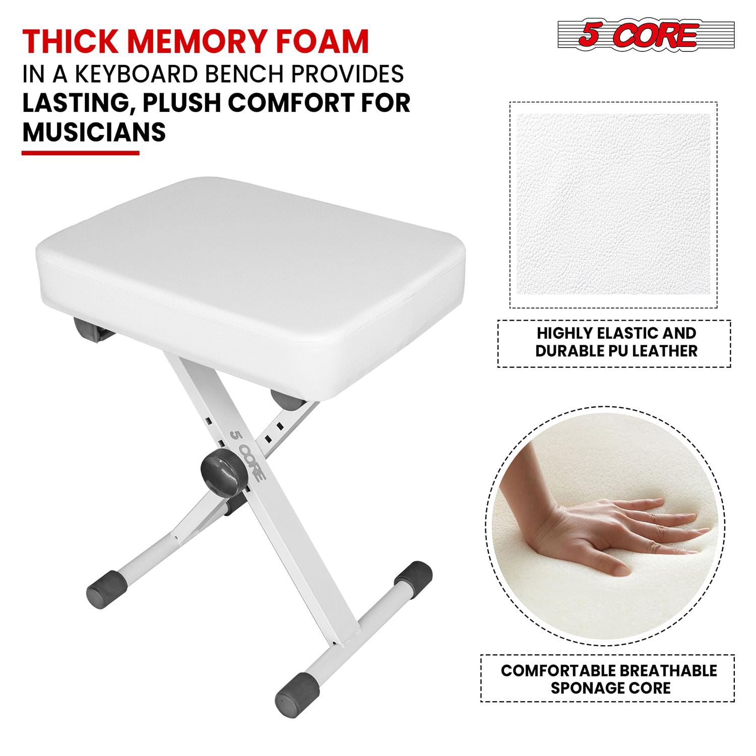 Keyboard Bench 3 Inch Padded Cushioned Piano Stool Height Adjustable Guitar Seat Heavy Duty Folding Portable Musician Chair W Nonslip Rubber Feet White - KBB WH HD