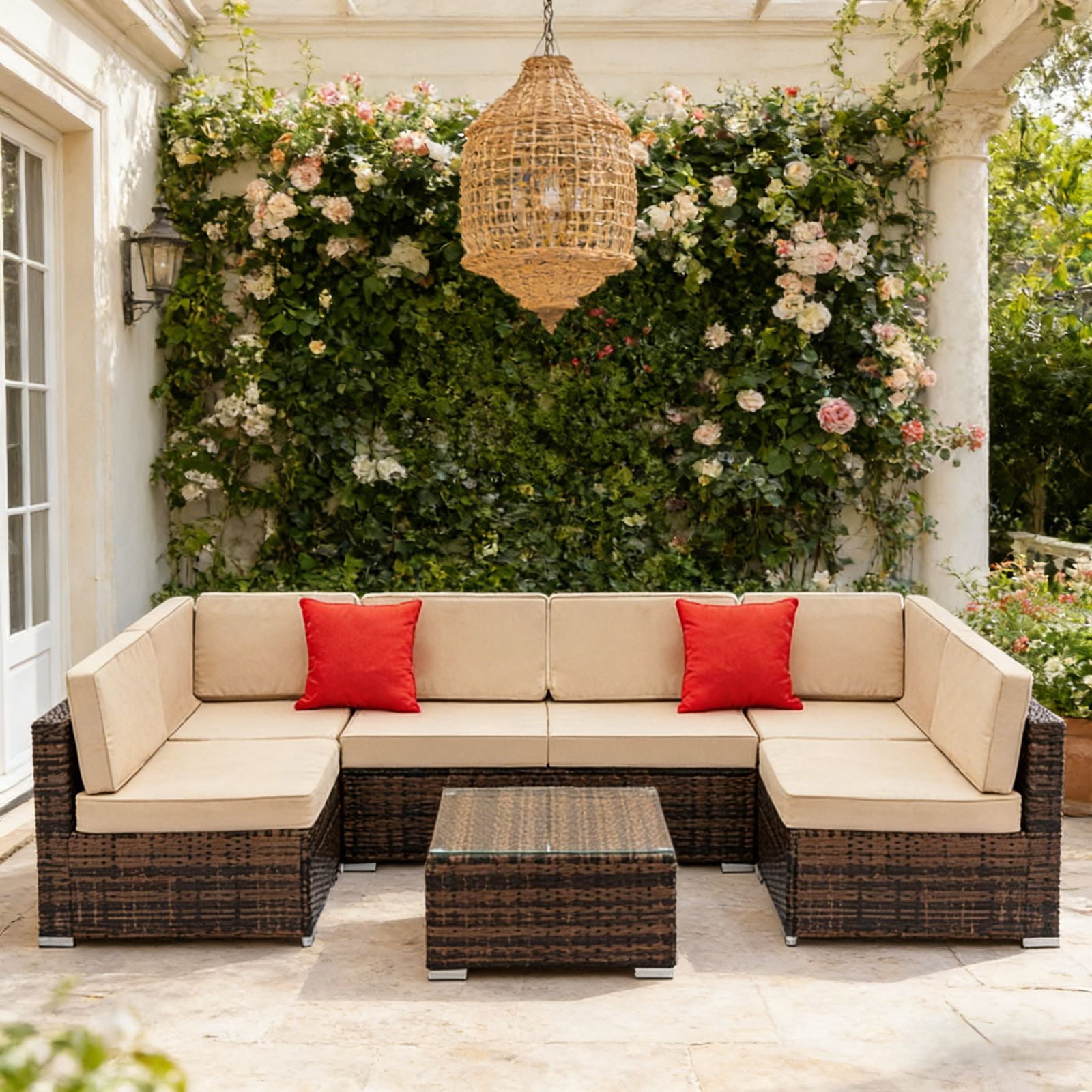 Ktaxon 7 PCS Patio Sectional Rattan Furniture Set PE Rattan Outdoor Wicker Furniture Couch Set  w/ Cushions for Deck Poolside