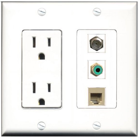 RiteAV - 15 Amp Power Outlet 1 Port RCA Green 1 Port Coax 1 Port Phone Beige Decorative Wall Plate