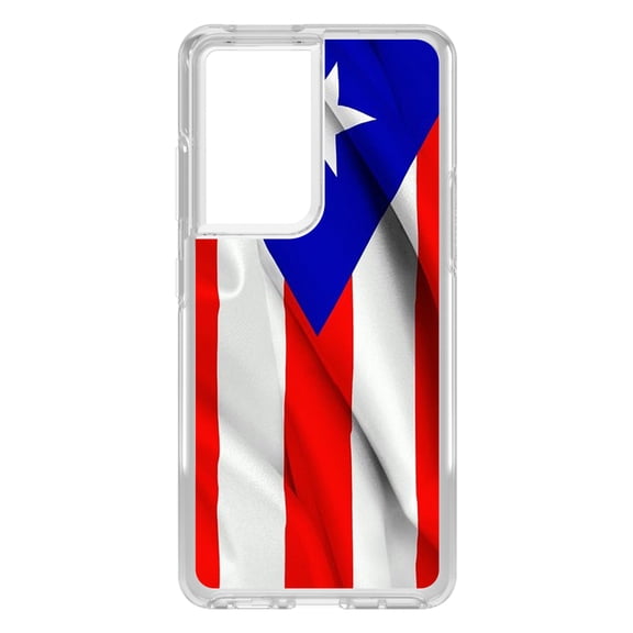 DistinctInk Clear Shockproof Hybrid Case for Galaxy S21 ULTRA 5G (6.8" Screen) - TPU Bumper, Acrylic Back, Tempered Glass Screen Protector - Red White Blue Puerto Rico Flag