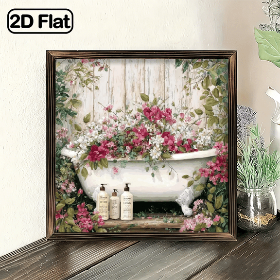 2D Flat, 1pc Rustic Farmhouse Bathtub Floral Wall Art - Vintage White Clawfoot Tub Painting on Wood Frame, PinkWhiteGreen Botanical Sign, 8x8 Inch Framed Decor for Home, Porch, Cafe, Housewarmin