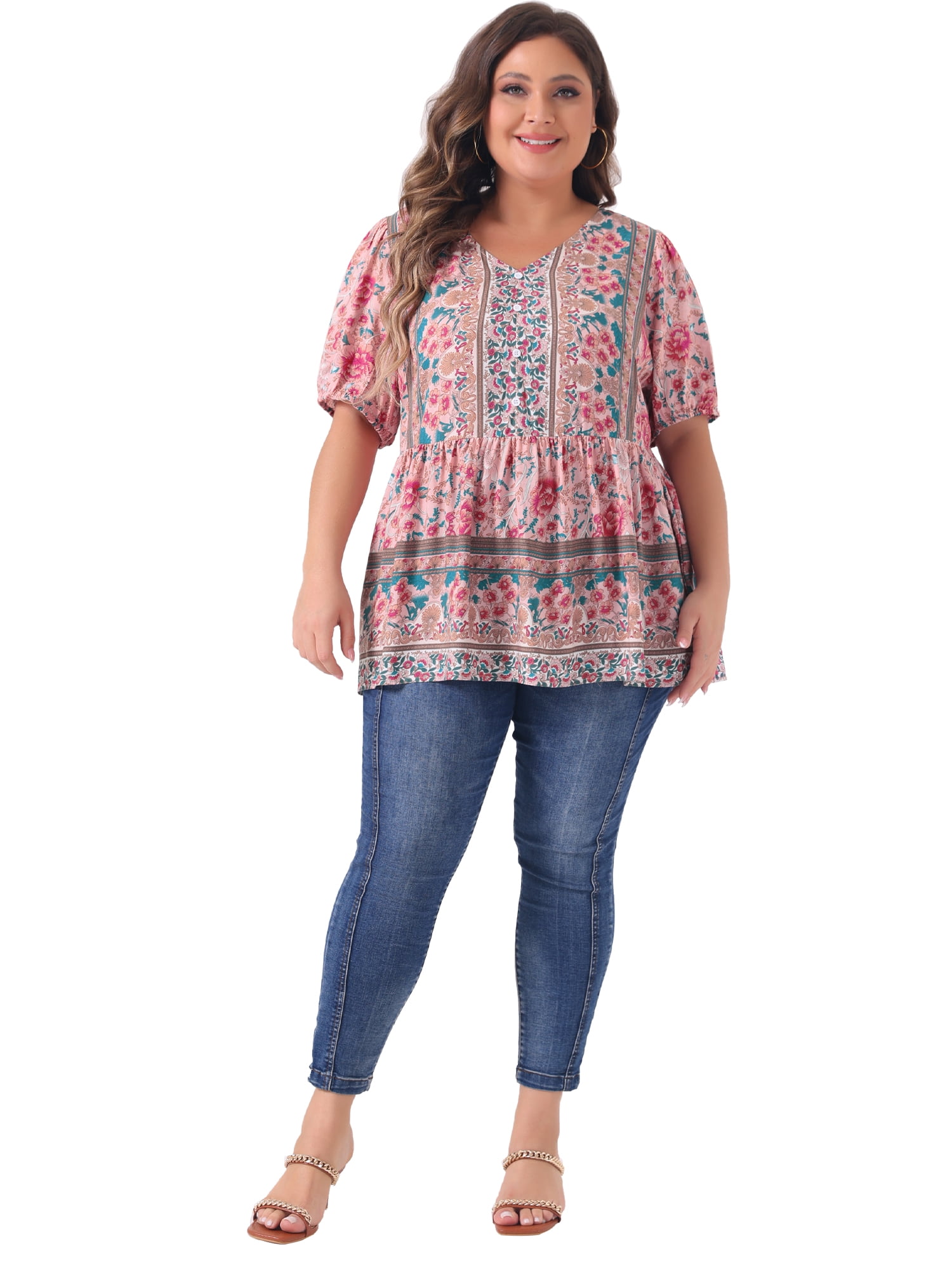 Women's Plus Boho Floral Print V Neck Short Sleeve Summer Blouses 2X Pink