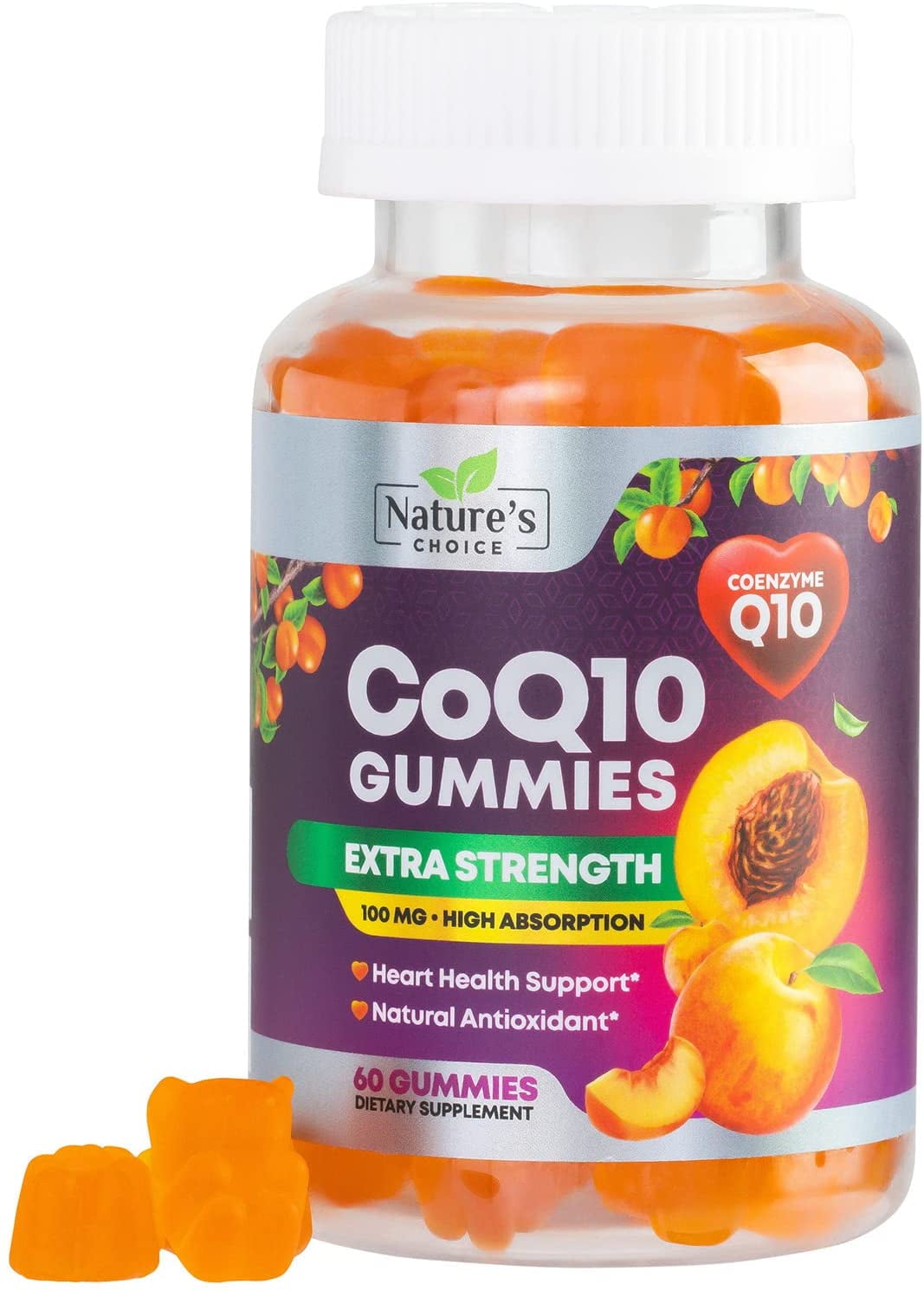 CoQ10 Gummies - Peach Gummy Vitamins with High Absorption Coenzyme Q10 100mg - Natural Antioxidant Dietary Supplement for Heart Health Support - 60 Gummies