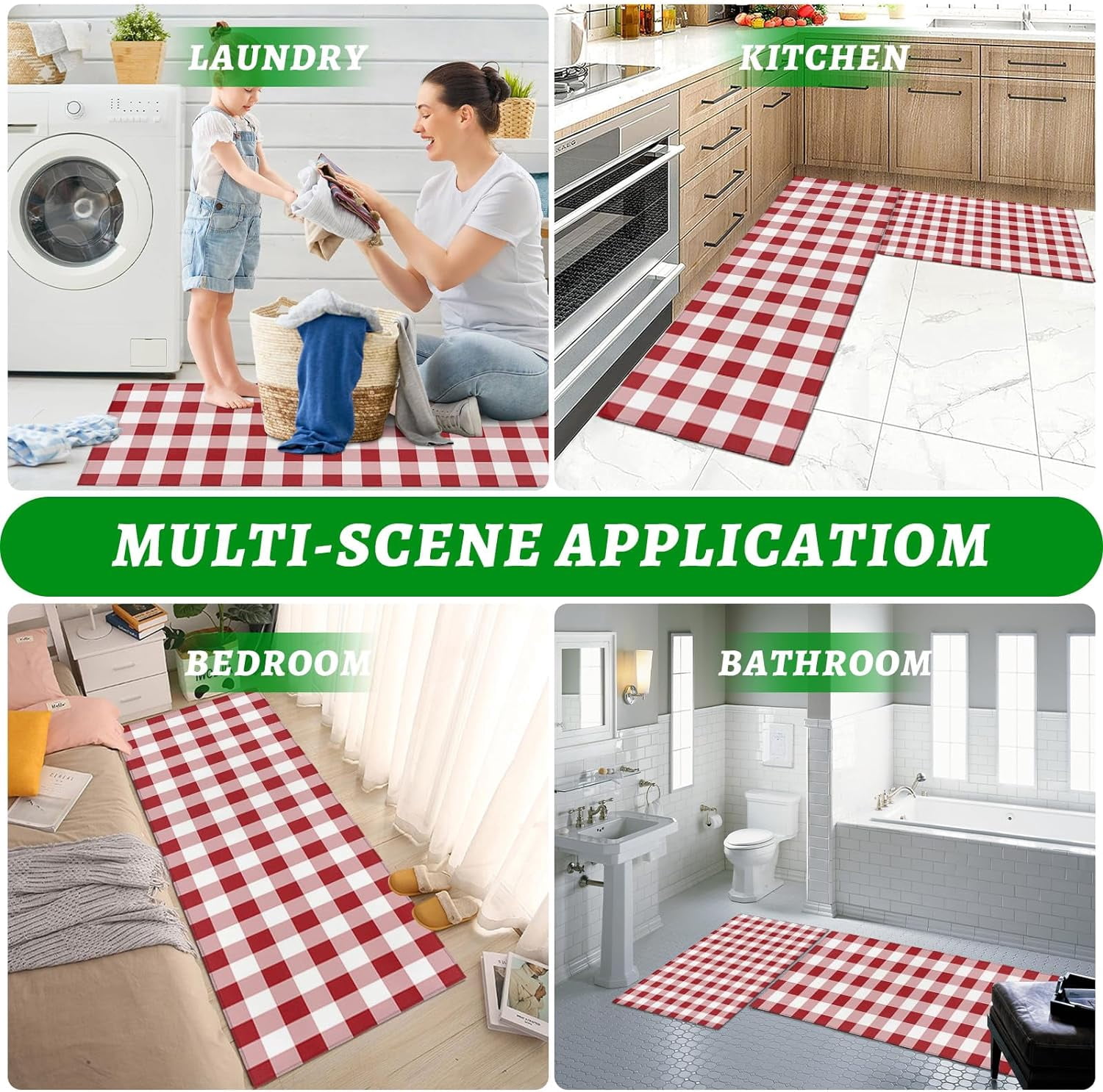 Kitchen Rugs and Mats 2 Pieces Red Buffalo Plaid Runner Rug Sets White Check Soft Comfort Standing Kitchen Mats for Floor Absorbent Area Rugs Carpet Non Slip Farmhouse Cushioned Doormat Home Decor