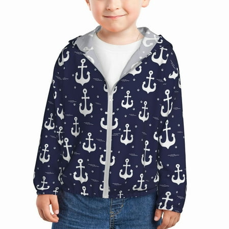 

Sun Hoodie for Kids cute white anchor sea navyblue Long Sleeve Swim Fishing Shirts Sun Protection Zip Up Jacket Clothing Athletic Hoodie