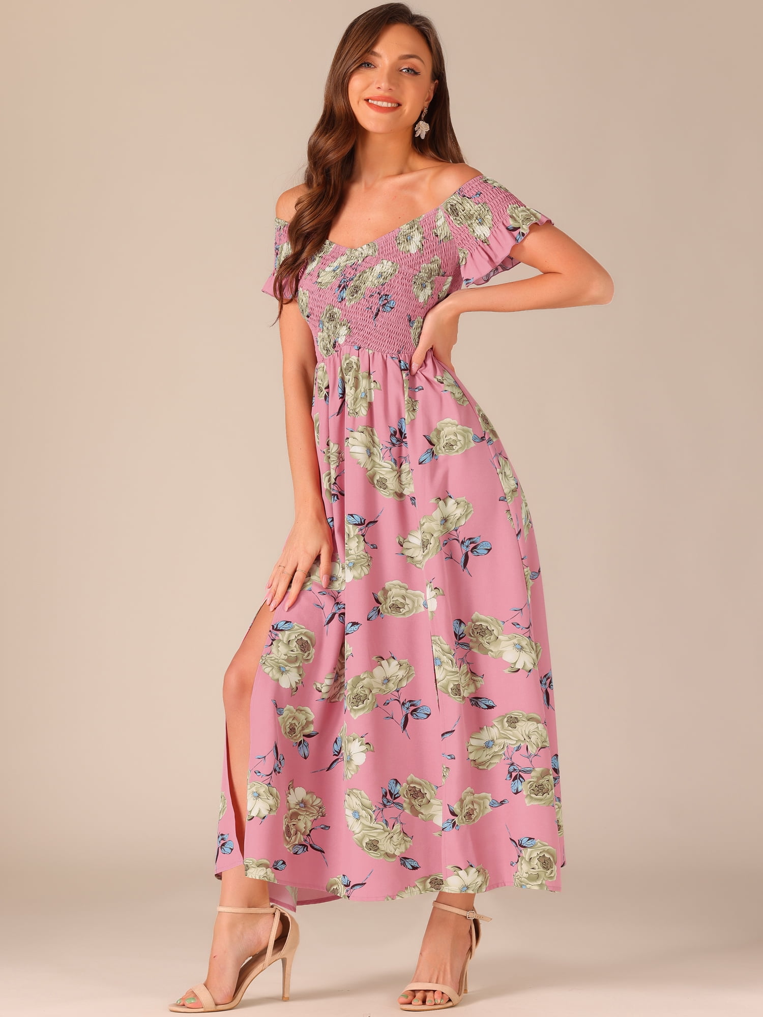 DARING DIVA Women's Floral Off Shoulder Beach Summer Midi Dresses S Pink