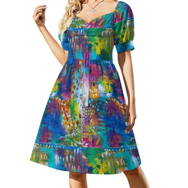 Vestido de primavera con estampado floral abstracto colorido y manga corta para mujer, vestido de noche