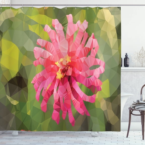 Polygons Shower Curtain, Zinnia Flower Blooms on Geometric Effect Backdrop Nature Art, Fabric Bathroom Set with Hooks, 69W X 84L Inches Extra Long, Olive Green and Pastel Pink, by Ambesonne