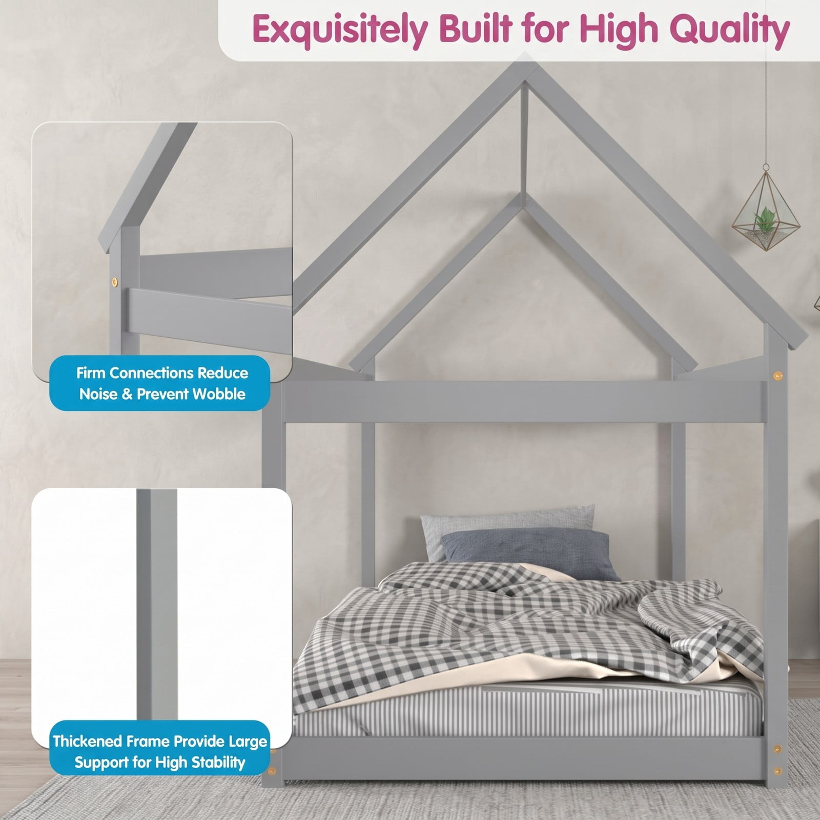Furnibear Kids House Floor Bed Frame with Roof and Heavy-Duty Slats for Boys and Girls Bedroom with Montessori Design, Gray