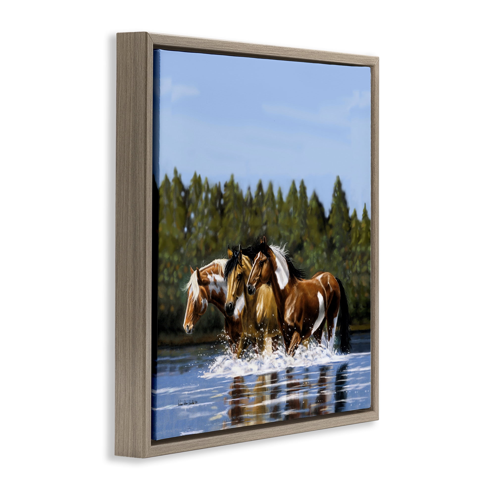 Stupell Industries Horses Upstream Splashing Animals & Insects Painting Brown Floater Framed Canvas Art Print Wall Art, 18 x 18
